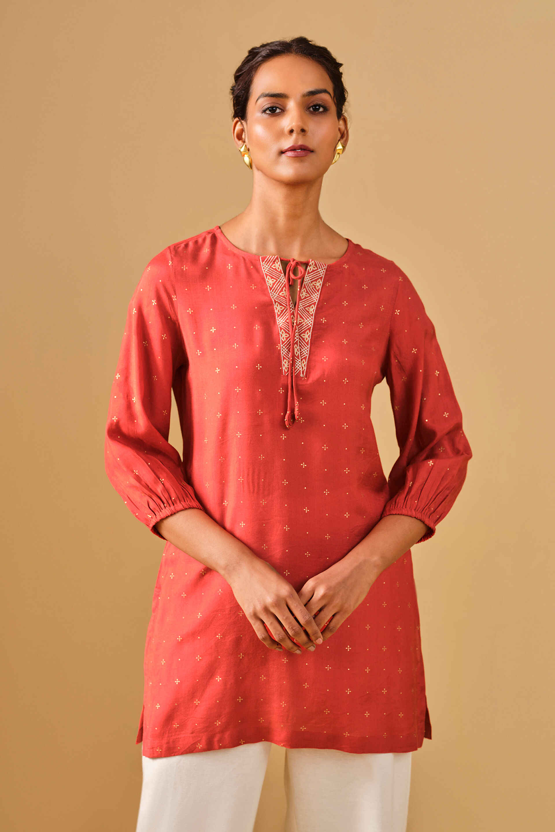Embroidered Viscose Rust Tunic, Rust, image 5
